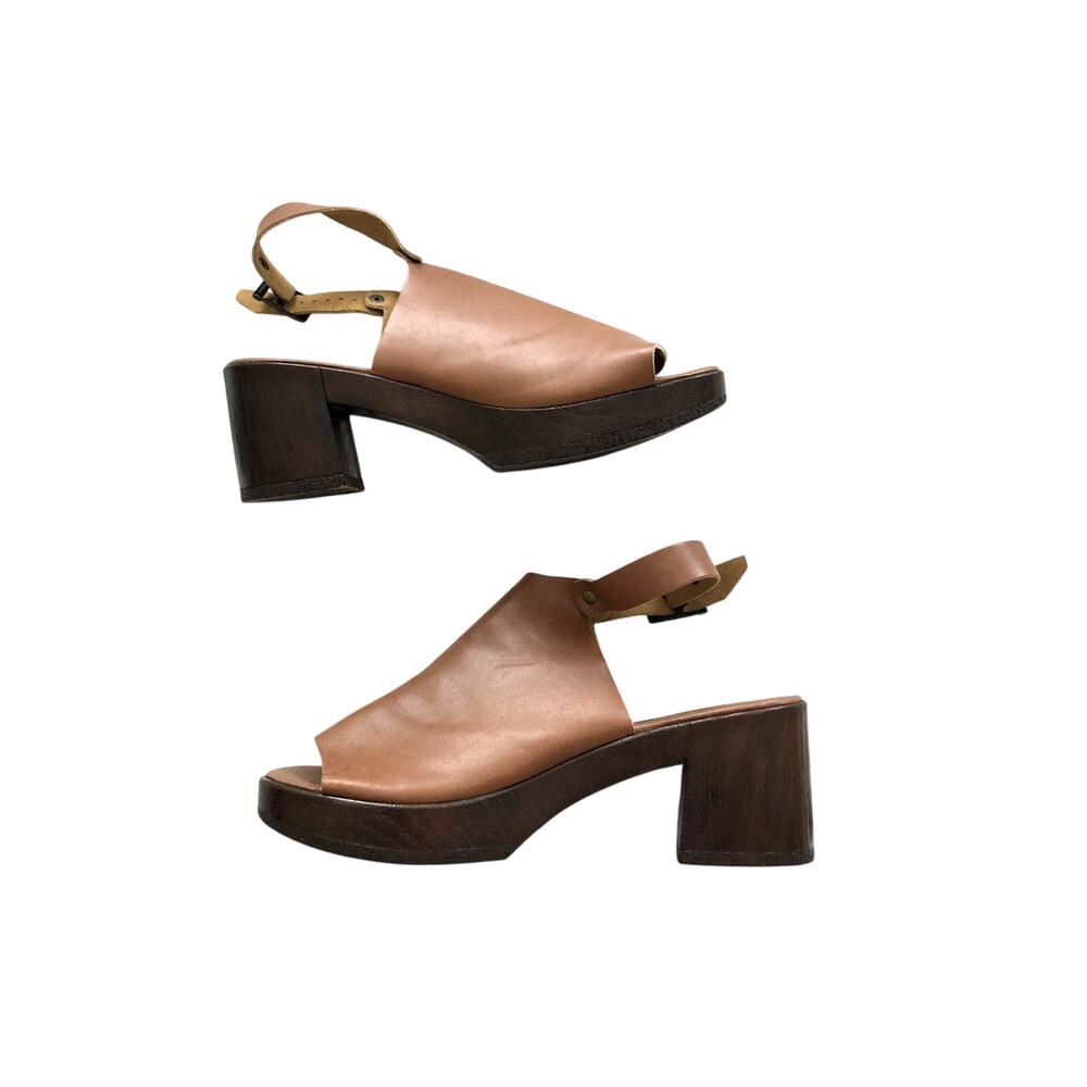 Topshop Slingback Shoes 37/4/7 Tan Brown Leather Open Toe Block Heels Buckles